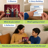 Three-step Skillmatics Picture Talk activity showing a child performance photo card, guided story-building questions on the reverse, and an adult discussing the scene with a child. The visual explains observing, storytelling, and reflection to encourage conversation and emotional awareness.