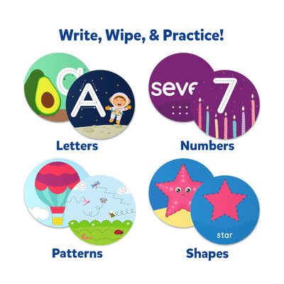 Educational writing and practice cards for letters numbers patterns and shapes for toddlers