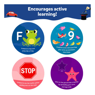 Set of four colorful round activity cards for active learning for toddlers ages 2-5
