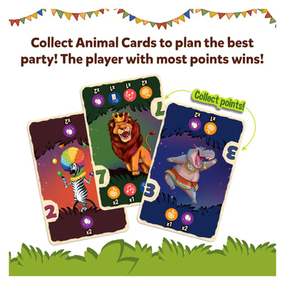 Illustrated animal-themed playing cards from Jungle Party strategy and luck card game for ages 7+