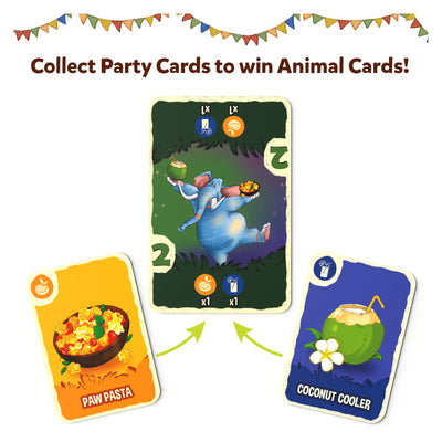 Animal and food-themed cards from Jungle Party strategy and luck card game for ages 7+