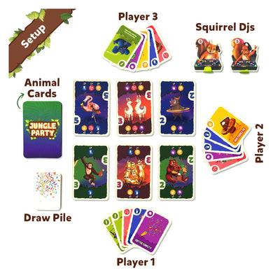 Jungle Party card game setup with animal-themed cards, player hands, and character standees