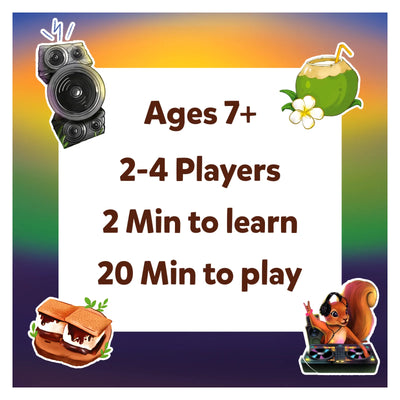 Jungle Party card game with play time, player count, and age requirements for ages 7+