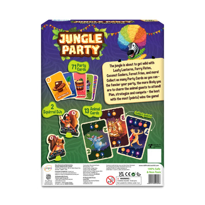 Back of Jungle Party card game box with animal illustrations and game cards