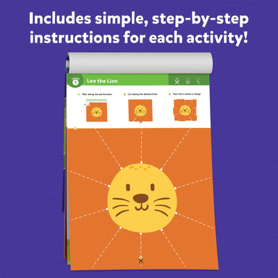 Children’s activity book page with Leo the Lion themed cut and tear craft for Little Chef’s Creative Kit