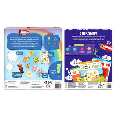 Educational children’s activity kits featuring restaurant play and scissor skills for ages 3-8