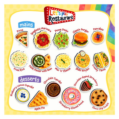 Little Chef’s Creative Kit with a colorful menu of pizza, pasta, burgers, tacos, cupcakes, and more
