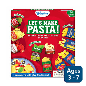 Red toy box for Lets Make Pasta play set with play food items for ages 3-7