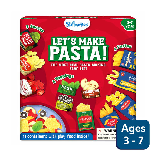 Red toy box for Lets Make Pasta play set with play food items for ages 3-7