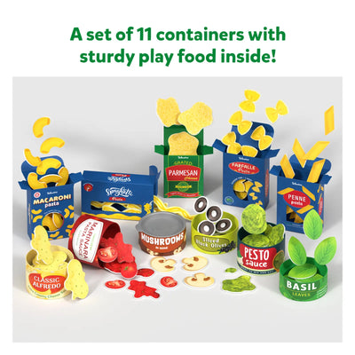 Set of 11 durable play food containers with realistic pretend pasta for kids ages 3 to 7
