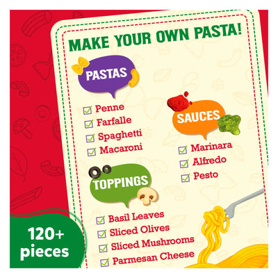 Colorful pasta, sauces, and toppings for a customizable pretend pasta dish for kids
