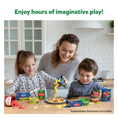 Family playing Let’s Make Pasta pasta-themed pretend play game with pasta pieces and ingredient boxes