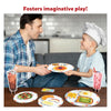 Father and son playing with Let’s Play Restaurant Magnetic Pretend Play Set featuring breakfast toy food