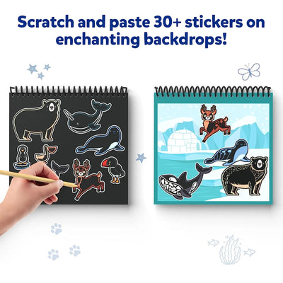 Scratch art and sticker activity book with animal designs and Arctic backdrops for kids