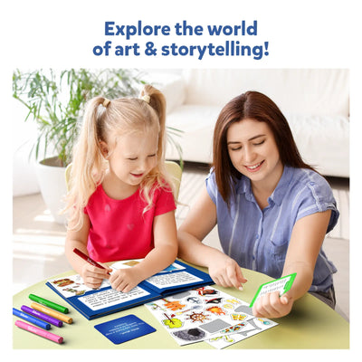 Creative children’s art and storytelling kit with art supplies, stickers, and a storybook