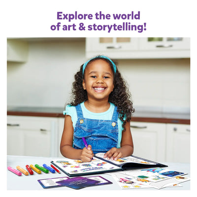 Young girl with curly dark hair creating with markers and cards from My Storybook Art Kit Space Explorers
