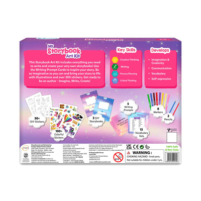 Purple and pink storybook art kit for children featuring unicorns and princesses