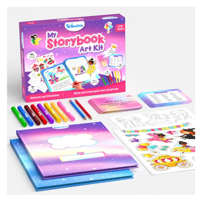 Children’s storybook art kit with colorful markers, pencils, stickers, and blank books
