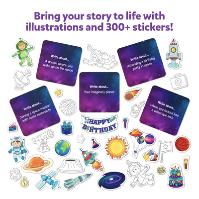 Space-themed story-writing kit with prompt cards and 300+ stickers for kids ages 5-10