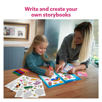 Mother and daughter creating storybooks with stickers and writing tools from My Storybook Art Kit