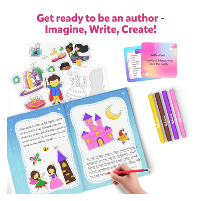 Children’s storybook creation kit with stickers prompts and writing tools for ages 5-10