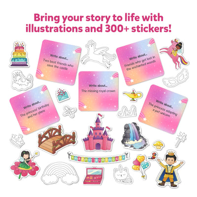 Princess-themed story prompts and stickers for the My Storybook Art Kit for ages 5-10