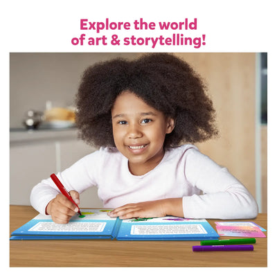 Young girl with dark curly hair smiling and holding a red marker from My Storybook Art Kit