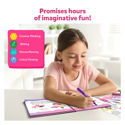 Young girl drawing in pink-bound My Storybook Art Kit with purple marker for ages 5-10