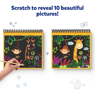 Colorful jungle animals on a scratch art kit from the Travel Friendly Magical Scratch Art Book Mega Combo