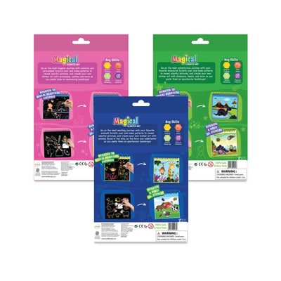 Three different Magical Sketcher scratch art kits in the Travel Friendly Magical Scratch Art Book Mega Combo for ages 3-8