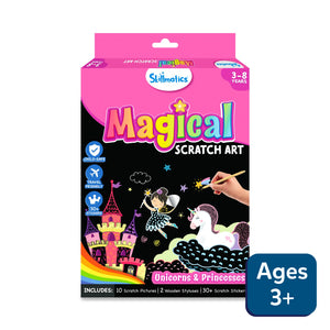 Travel friendly Magical Scratch Art Book with unicorns princesses styluses and stickers