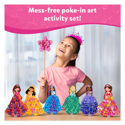 Children’s princess-themed art activity set with girl holding star wand and textured princess figures