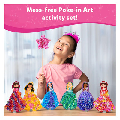 Young girl with tiara and glittery star wand among princess-themed craft dolls