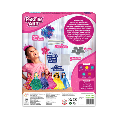 Children’s craft kit for decorating foam princesses with fabric squares from Poke-in Art Magical Princesses