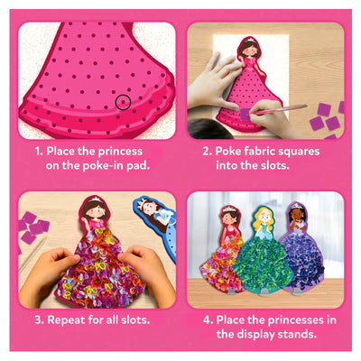 Instructions for a princess-themed fabric poking craft kit from Poke-in Art Magical Princesses for kids