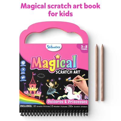 Pink and black Skillmatics Magical Scratch Art Book for Kids with Unicorns and Princesses