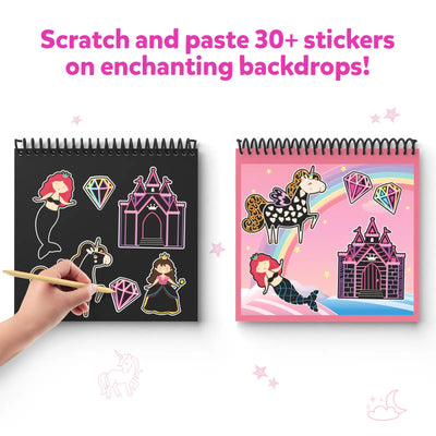 Children’s scratch art and sticker activity book featuring unicorns and princesses for ages 3-8