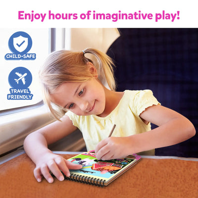 Young girl coloring in a spiral-bound Travel Friendly Magical Scratch Art Book with Unicorns and Princesses