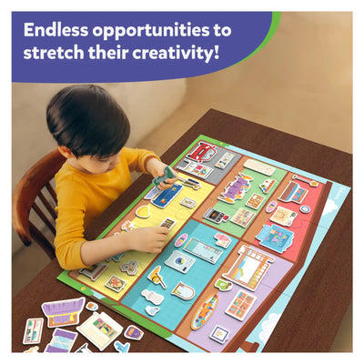 Child playing with Magnetopia interactive magnetic board game for creative pretend play