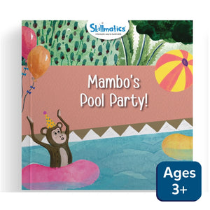 Children’s book featuring a monkey in a pool from Mambo’s Pool Party Fun Learning Storybooks