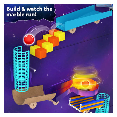 Colorful Marble Run Craft Kit with various tracks and a red marble for ages 8-13