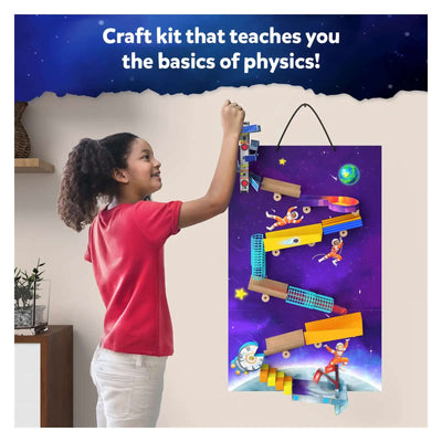 Interactive space-themed marble run craft kit for kids to learn physics concepts