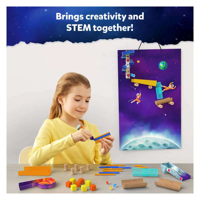 Young girl assembling a space-themed STEM craft kit for ages 8-13