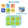 Children’s memory game with 34 tiles, 5 game boards, and a wooden picture die