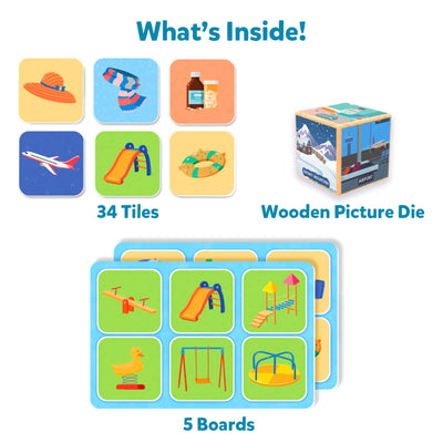 Children’s memory game with 34 tiles, 5 game boards, and a wooden picture die