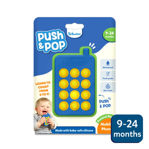 Blue and green silicone Push & Pop toy phone for babies ages 9-24 months, waterproof and non-toxic