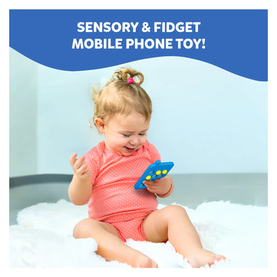 Baby holding a blue and yellow sensory and fidget mobile phone toy for ages 9-24 months