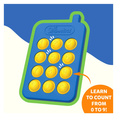 Blue and green children’s toy telephone with numbered gold buttons for sensory play