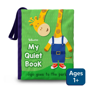Soft fabric quiet book for children featuring a Giraffe in overalls from My Quiet Book