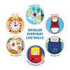 Educational busy board showcasing everyday life skills for ages 6-24 months